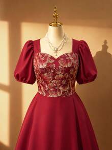 Rometta Plus Size Vintage Celestial Romantic Elegant Square Neck Short Sleeve Summer Dress Dinner Formal Parties Women's Red - Burgundy - View 9