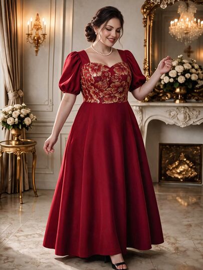 Rometta Plus Size Vintage Celestial Romantic Elegant Square Neck Short Sleeve Summer Dress Dinner Formal Parties Women's Red