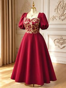 Rometta Plus Size Vintage Celestial Romantic Elegant Square Neck Short Sleeve Summer Dress Dinner Formal Parties Women's Red - Burgundy - View 5