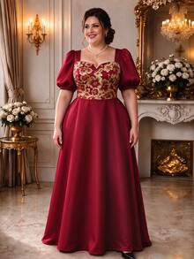 Rometta Plus Size Vintage Celestial Romantic Elegant Square Neck Short Sleeve Summer Dress Dinner Formal Parties Women's Red - Burgundy - View 1