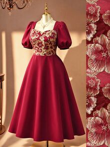 Rometta Plus Size Vintage Celestial Romantic Elegant Square Neck Short Sleeve Summer Dress Dinner Formal Parties Women's Red - Burgundy - View 6