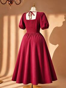 Rometta Plus Size Vintage Celestial Romantic Elegant Square Neck Short Sleeve Summer Dress Dinner Formal Parties Women's Red - Burgundy - View 2