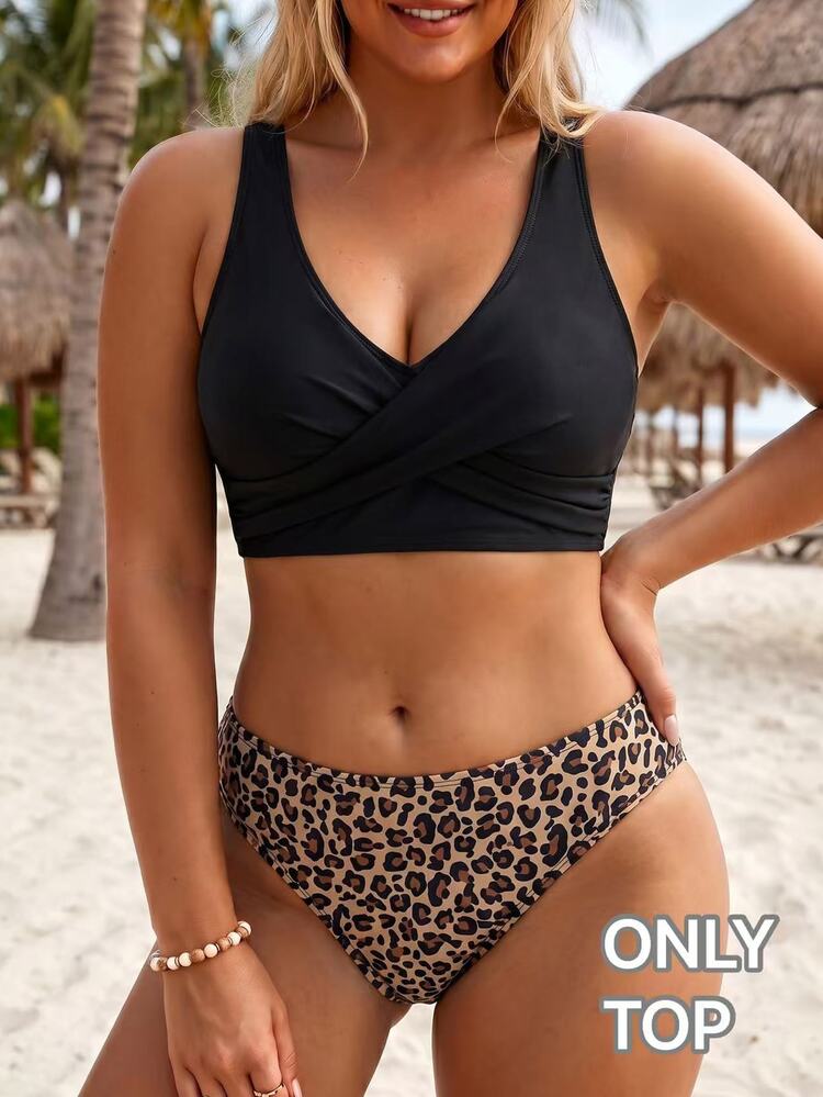 SHEIN Swim Plus Size Women's Leopard Print Swim Top, Sexy Minimalist Fashion, Beach Vacation Active Beach Vacation Vacation, Pool Swimming Black Summer Holiday - Black - View 3