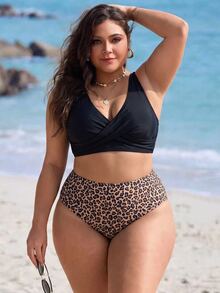 SHEIN Swim 大尺碼女款豹紋泳衣上衣，性感極簡時尚，海灘度假運動風，泳池游泳黑色夏季度假 - 黑色 - 查看 2