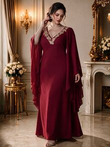 Rometta Casual Traditional Burgundy Plus Size Maxi Dress Pearl Embellished Deep V Neck Flowy Split Long Sleeves Wedding Business Dinner Autumn - Red Violet - View 1