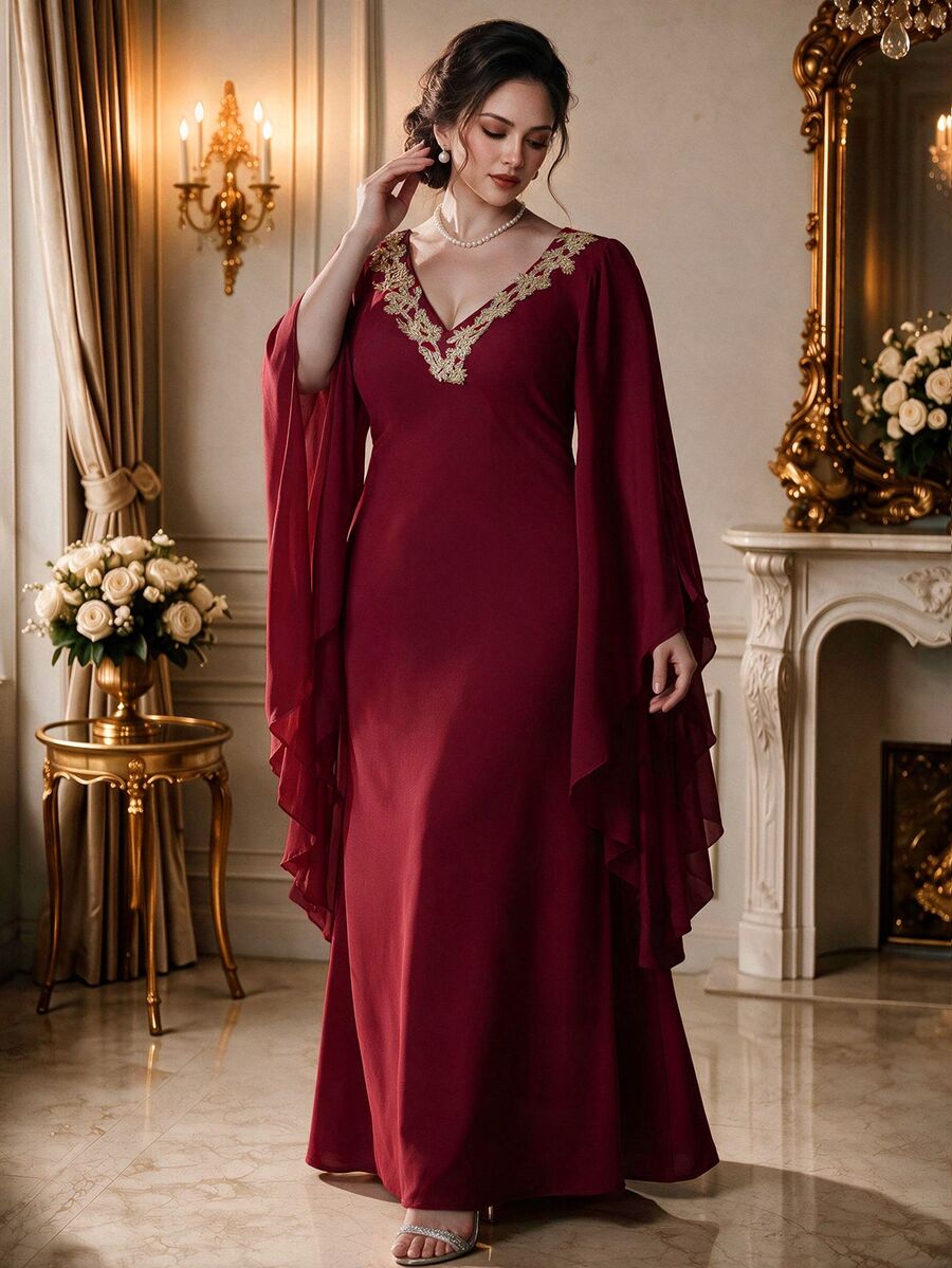 Rometta Casual Traditional Burgundy Plus Size Maxi Dress Pearl Embellished Deep V Neck Flowy Split Long Sleeves Wedding Business Dinner Autumn - Red Violet - View 1