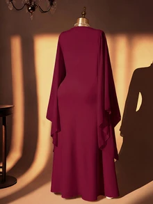 Rometta Casual Traditional Burgundy Plus Size Maxi Dress Pearl Embellished Deep V Neck Flowy Split Long Sleeves Wedding Business Dinner Autumn - Red Violet - View 2