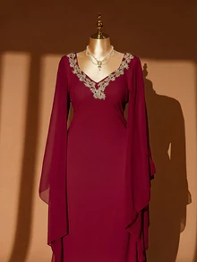 Rometta Casual Traditional Burgundy Plus Size Maxi Dress Pearl Embellished Deep V Neck Flowy Split Long Sleeves Wedding Business Dinner Autumn - Red Violet - View 5