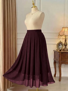 Rometta Plus Size Women's Chiffon Solid Color A-Line Skirt High Tea Evening Dark Purple Autumn Elegant Fall - Burgundy - View 4