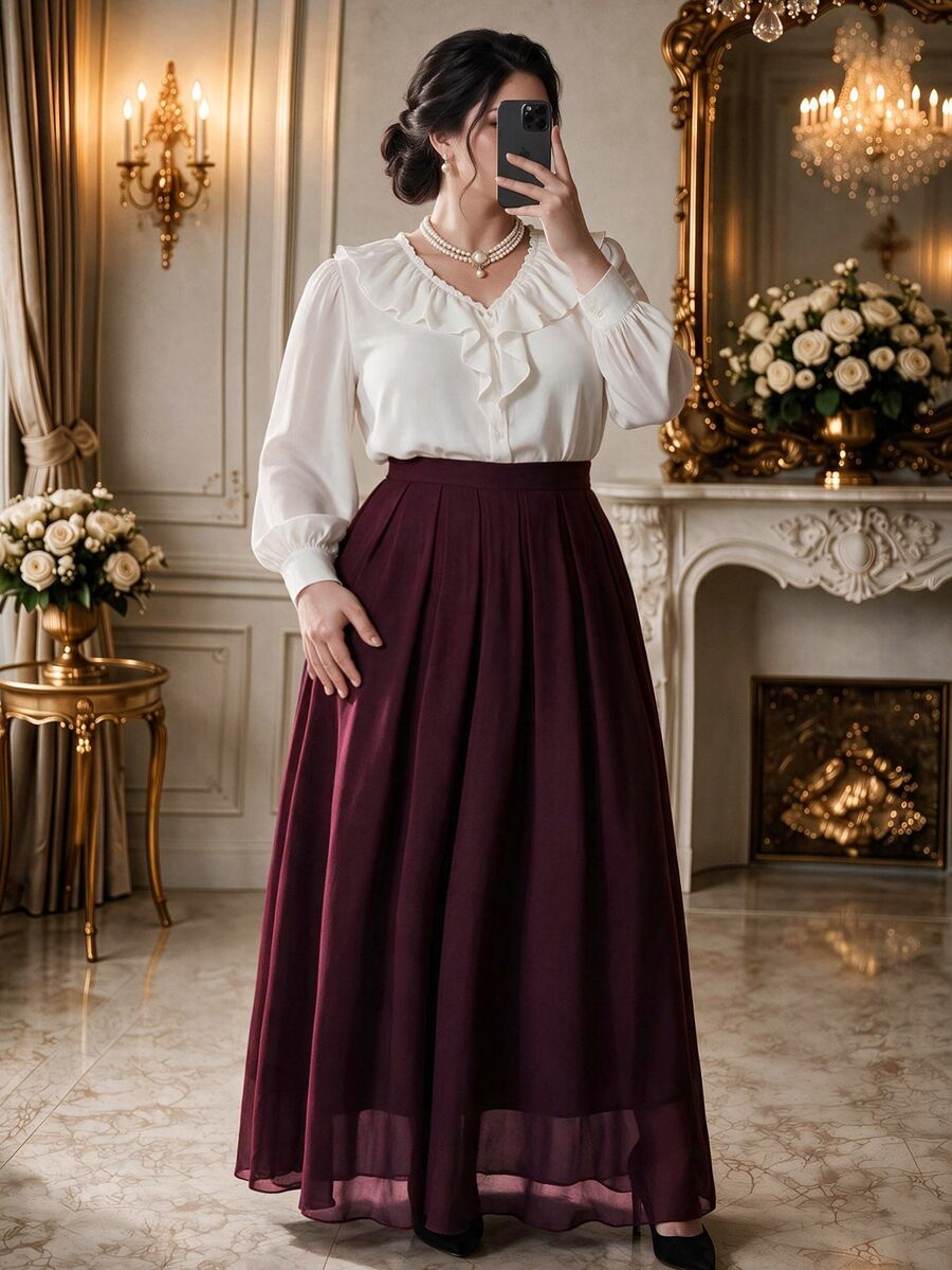 Rometta Plus Size Women's Chiffon Solid Color A-Line Skirt High Tea Evening Dark Purple Autumn Elegant Fall - Burgundy - View 1