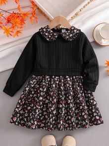 SHEIN Elladie kids 女童碎花彼得潘領 2 合 1 長袖派對洋裝 - 黑色 - 查看 7