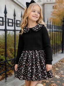 SHEIN Elladie kids 女童碎花彼得潘領 2 合 1 長袖派對洋裝 - 黑色 - 查看 3