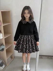 SHEIN Elladie kids 女童碎花彼得潘領 2 合 1 長袖派對洋裝 - 黑色 - 查看 9
