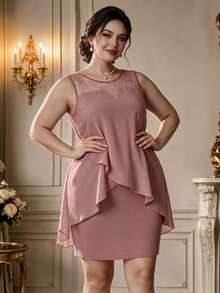 Rometta Kích thước lớn Của phụ nữ Vá lại Bất đối xứng Ruffled Hem Không tay Vòng cổ Đầm - Hồng - Xem 2