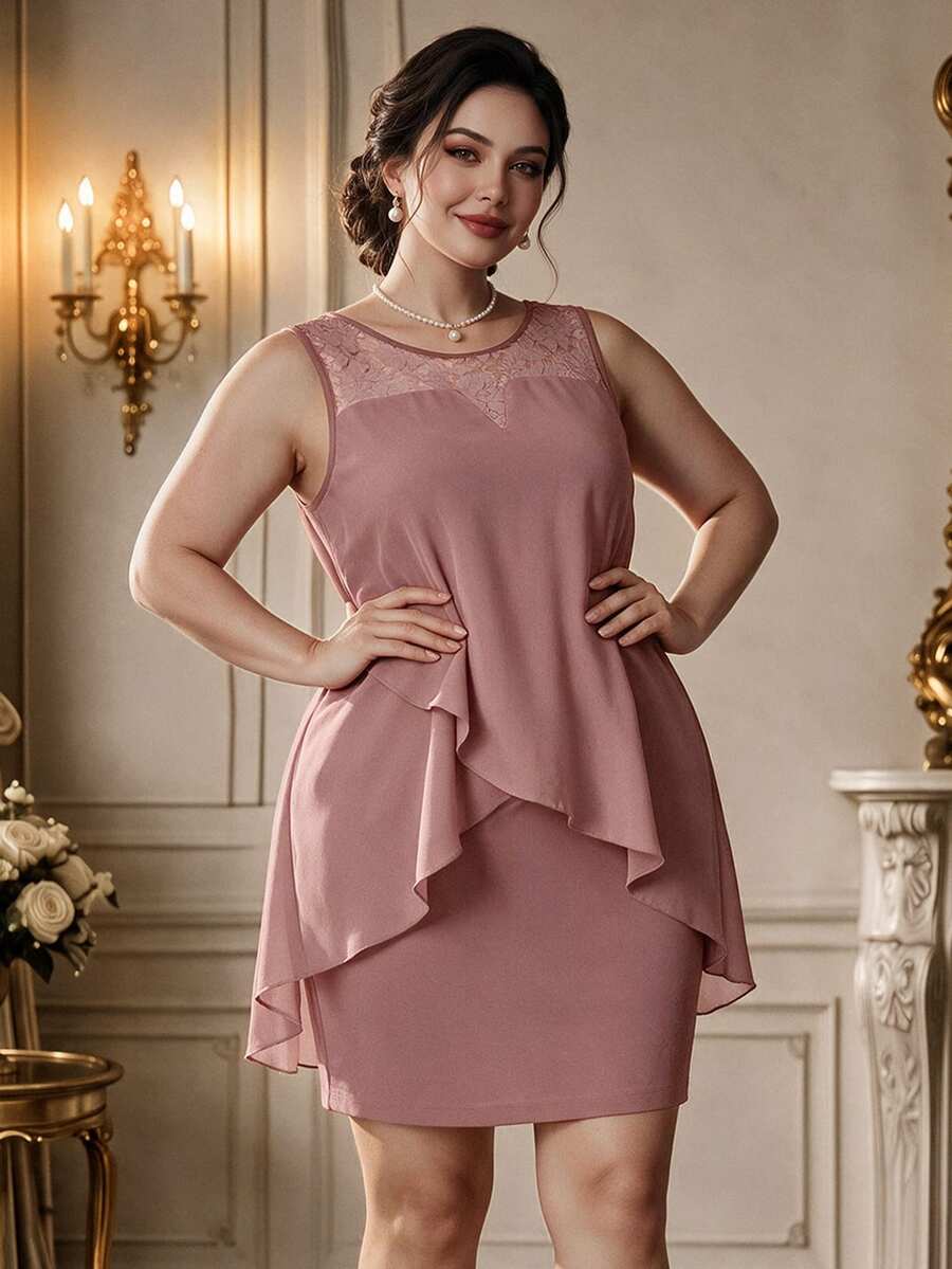 Rometta Kích thước lớn Của phụ nữ Vá lại Bất đối xứng Ruffled Hem Không tay Vòng cổ Đầm