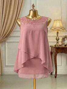 Rometta Kích thước lớn Của phụ nữ Vá lại Bất đối xứng Ruffled Hem Không tay Vòng cổ Đầm - Hồng - Xem 11