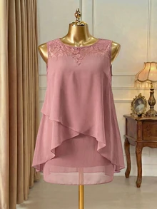 Rometta Kích thước lớn Của phụ nữ Vá lại Bất đối xứng Ruffled Hem Không tay Vòng cổ Đầm - Hồng - Xem 6
