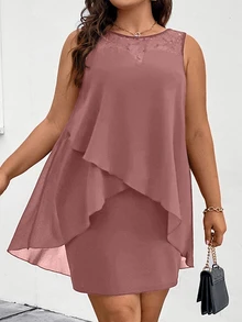 Rometta Kích thước lớn Của phụ nữ Vá lại Bất đối xứng Ruffled Hem Không tay Vòng cổ Đầm - Hồng - Xem 3