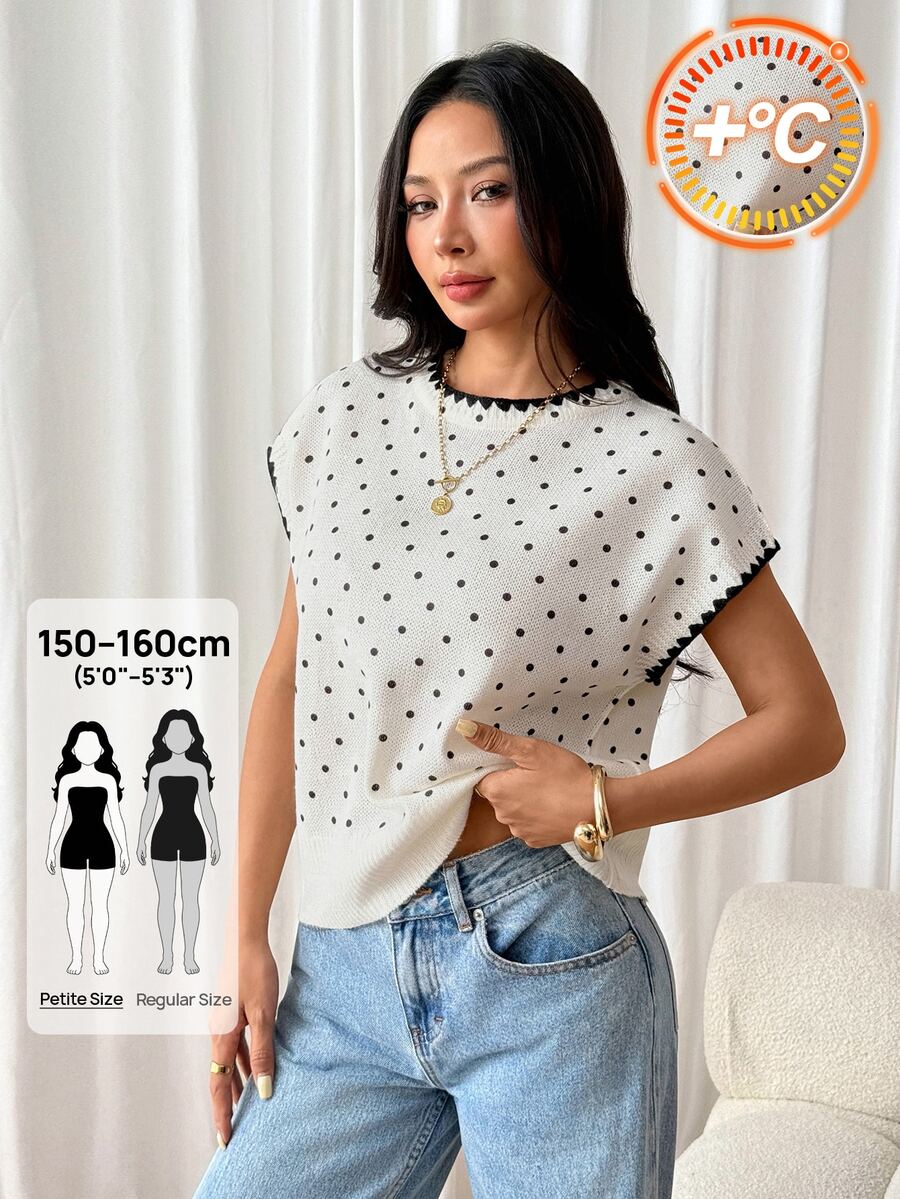 SHEIN PETITE Women's Apricot Polka-Dot Sweater – Casual Workwear For Petites - Black and White - View 1