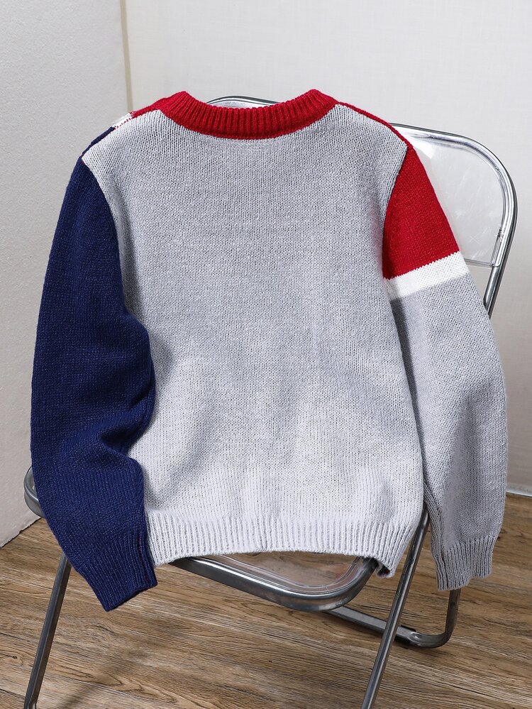 SHEIN Sweater Anak Laki-Laki Gaya Korea Kasual untuk Remaja, Leher Bulat, Motif Blok Warna, Cocok untuk Bepergian, Sekolah, Pakaian Kasual Sehari-hari, Olahraga, Musim Gugur/Dingin - Merah - View 4