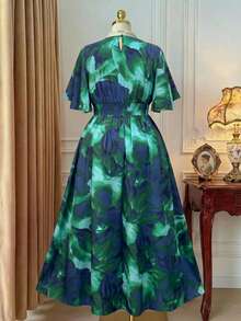 DreamSkyne Plus Size Women Green Tie-Dye Print Round Neck Ruffle Sleeve Cinched Waist A-Line Midi Dress For Commuting, Office And Elegant Outings - Green - View 4