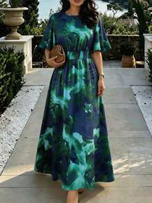 DreamSkyne Plus Size Women Green Tie-Dye Print Round Neck Ruffle Sleeve Cinched Waist A-Line Midi Dress For Commuting, Office And Elegant Outings - Green - View 10