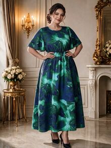 DreamSkyne Plus Size Women Green Tie-Dye Print Round Neck Ruffle Sleeve Cinched Waist A-Line Midi Dress For Commuting, Office And Elegant Outings - Green - View 1