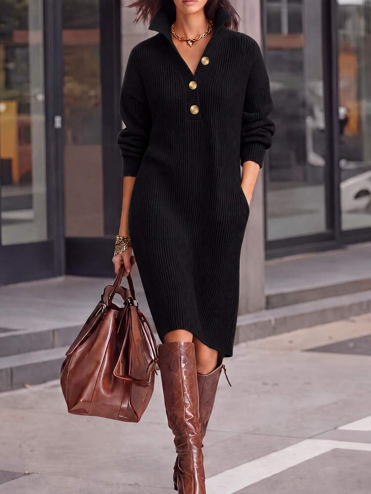 Balvessa Women's Solid Color Button Half-Placket Long Sleeve Pocket Knit Dress - Black - View 1