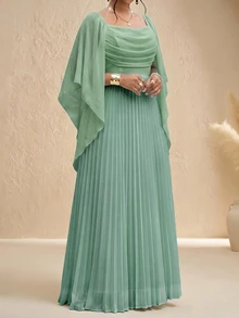Fleurora Stylish Women's Sage Green Flowy Pleated Maxi Dress With Draped Bodice And Cape Sleeves Wedding Formal Autumn Elegant Fall - Mint Green - View 3