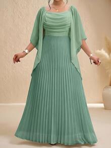 Fleurora Stylish Women's Sage Green Flowy Pleated Maxi Dress With Draped Bodice And Cape Sleeves Wedding Formal Autumn Elegant Fall - Mint Green - View 5