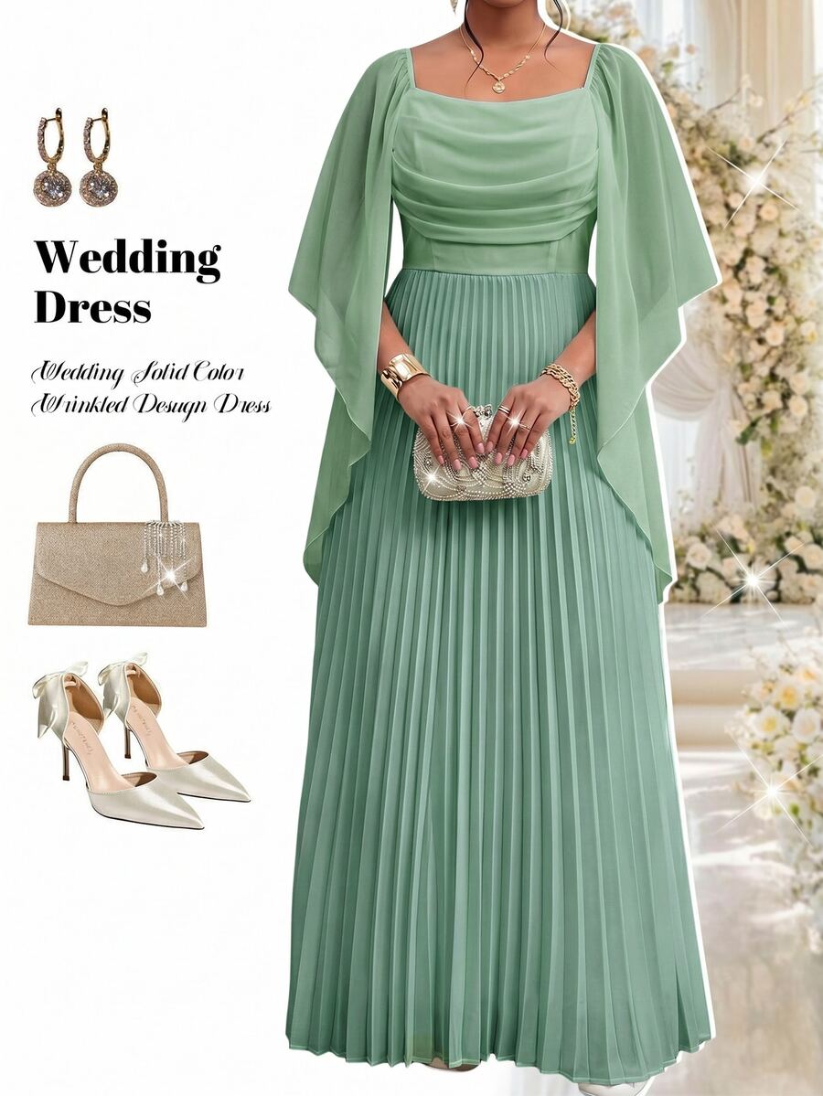 Fleurora Stylish Women's Sage Green Flowy Pleated Maxi Dress With Draped Bodice And Cape Sleeves Wedding Formal Autumn Elegant Fall - Mint Green - View 1