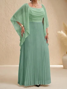 Fleurora Stylish Women's Sage Green Flowy Pleated Maxi Dress With Draped Bodice And Cape Sleeves Wedding Formal Autumn Elegant Fall - Mint Green - View 8