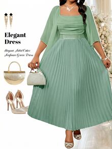 Fleurora Stylish Women's Sage Green Flowy Pleated Maxi Dress With Draped Bodice And Cape Sleeves Wedding Formal Autumn Elegant Fall - Mint Green - View 7