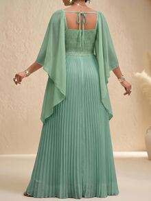 Fleurora Stylish Women's Sage Green Flowy Pleated Maxi Dress With Draped Bodice And Cape Sleeves Wedding Formal Autumn Elegant Fall - Mint Green - View 2