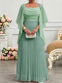 Fleurora Stylish Women's Sage Green Flowy Pleated Maxi Dress With Draped Bodice And Cape Sleeves Wedding Formal Autumn Elegant Fall - Mint Green - View 6