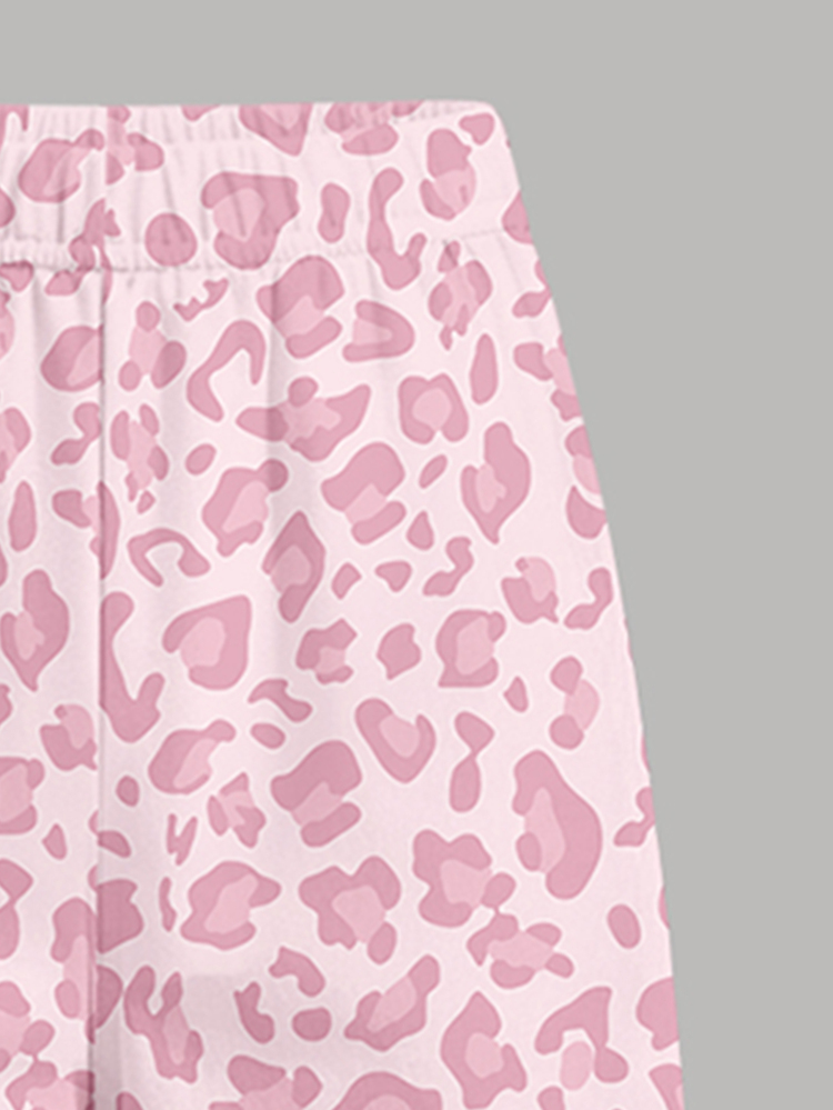 Young Girls Autumn Casual Fresh Pink Sword Pony Foundation Leopard Print Patchwork White Pattern Slim Fit Long Sleeve T-Shirt And Wide Leg Pants Set, - Multicolor - View 4