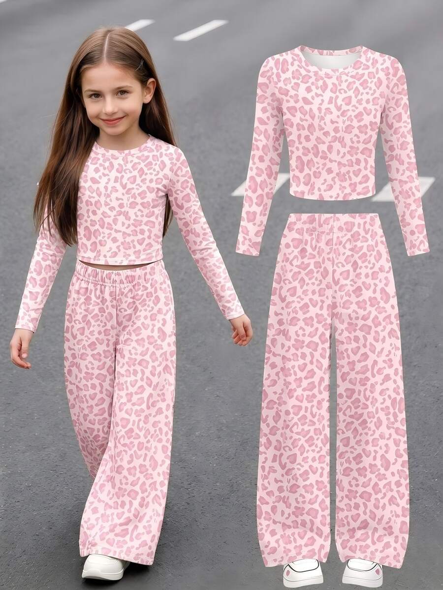 Young Girls Autumn Casual Fresh Pink Sword Pony Foundation Leopard Print Patchwork White Pattern Slim Fit Long Sleeve T-Shirt And Wide Leg Pants Set, - Multicolor - View 1