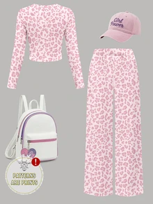 Young Girls Autumn Casual Fresh Pink Sword Pony Foundation Leopard Print Patchwork White Pattern Slim Fit Long Sleeve T-Shirt And Wide Leg Pants Set, - Multicolor - View 2