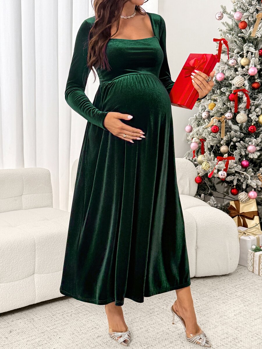 SHEIN Maternity Fashion Square Neck Pleated Long Sleeve Dress For Evening Party - Green - View 1