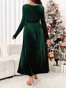 SHEIN Maternity Fashion Square Neck Pleated Long Sleeve Dress For Evening Party - Green - View 8