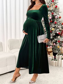 SHEIN Maternity Fashion Square Neck Pleated Long Sleeve Dress For Evening Party - Green - View 4