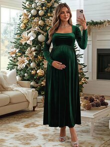 SHEIN Maternity Fashion Square Neck Pleated Long Sleeve Dress For Evening Party - Green - View 2