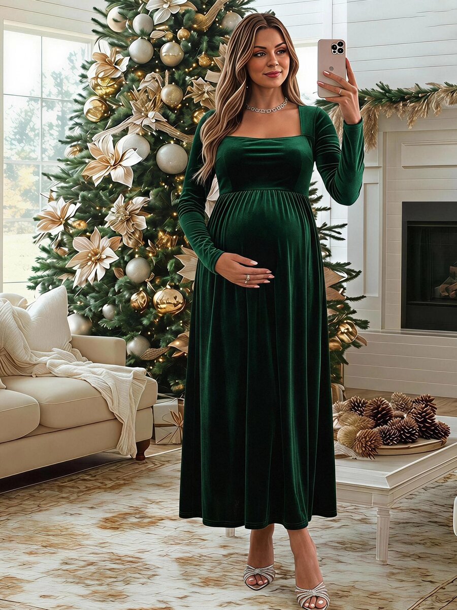 SHEIN Maternity Fashion Square Neck Pleated Long Sleeve Dress For Evening Party - Green - View 1