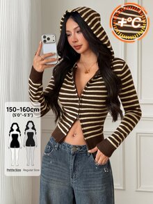 SHEIN PETITE Women's Petite Multi-Colored Striped Warm Cardigan Sweater For Casual Workwear - Brown - View 4