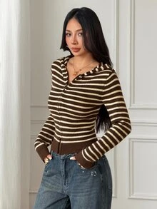 SHEIN PETITE Women's Petite Multi-Colored Striped Warm Cardigan Sweater For Casual Workwear - Brown - View 9