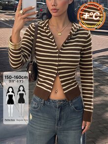 SHEIN PETITE Women's Petite Multi-Colored Striped Warm Cardigan Sweater For Casual Workwear - Brown - View 6