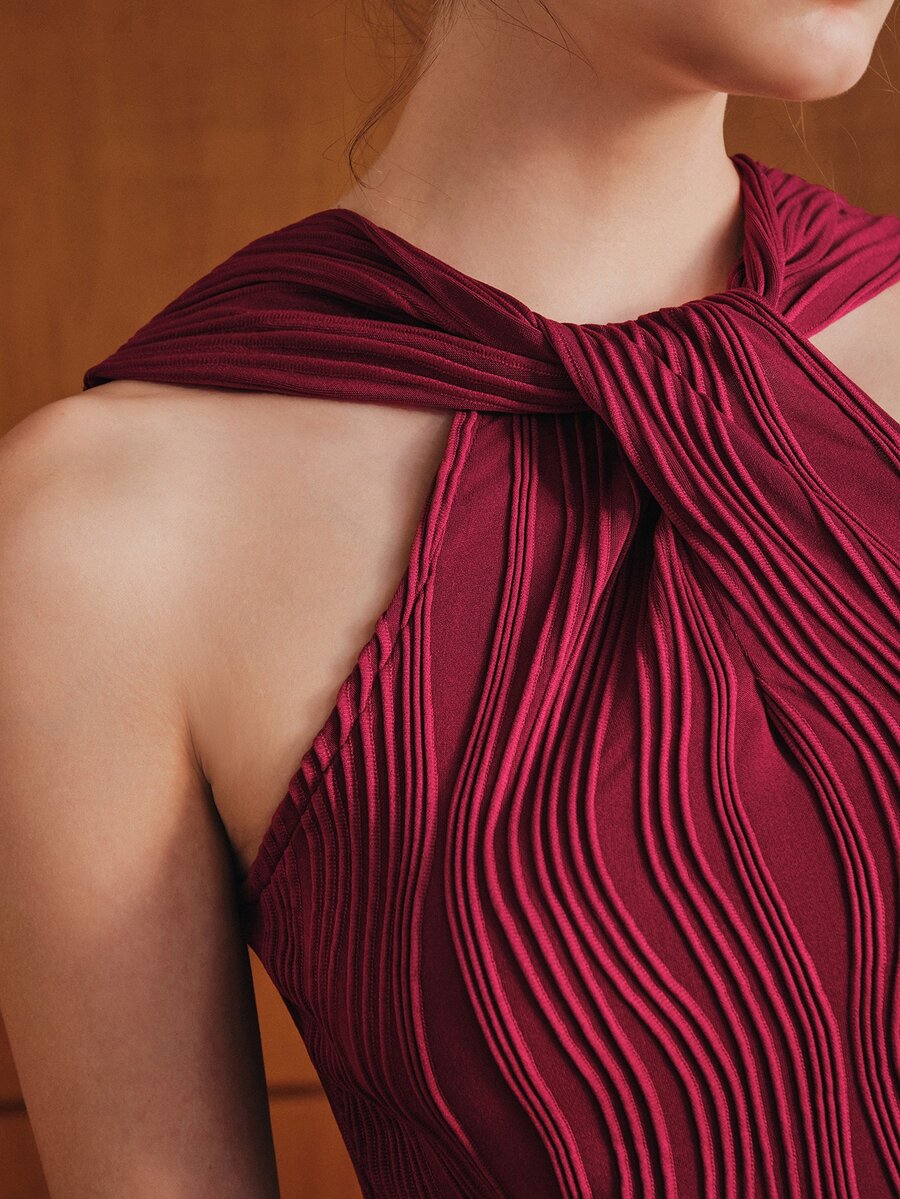 Anewsta Early Autumn Burgundy Twisted Spaghetti Strap Vertical Stripe Fitted Cropped Waist Camisole Tank Top For Women - Burgundy - View 1