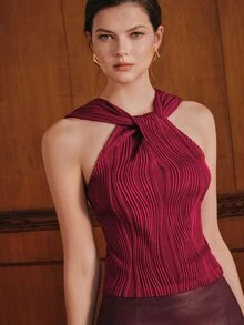 Anewsta Early Autumn Burgundy Twisted Spaghetti Strap Vertical Stripe Fitted Cropped Waist Camisole Tank Top For Women - Burgundy - View 3