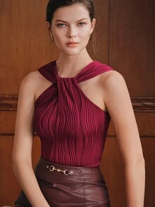 Anewsta Early Autumn Burgundy Twisted Spaghetti Strap Vertical Stripe Fitted Cropped Waist Camisole Tank Top For Women - Burgundy - View 4