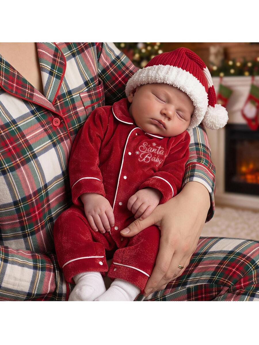 Loomiva 新生兒嬰兒休閒聖誕紅色舒適毛絨刺繡翻領前開長袖抓絨睡衣家居服,秋冬季假日風 - 紅色 - 查看 1